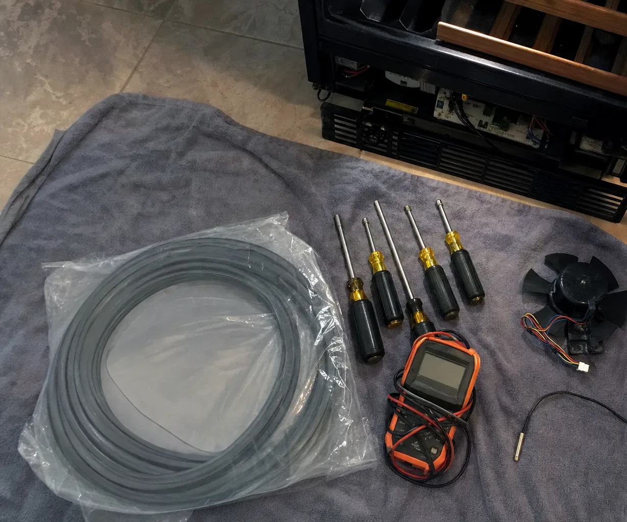 A coiled replacement door gasket in a clear bag next to a row of nut drivers on a folded towel.