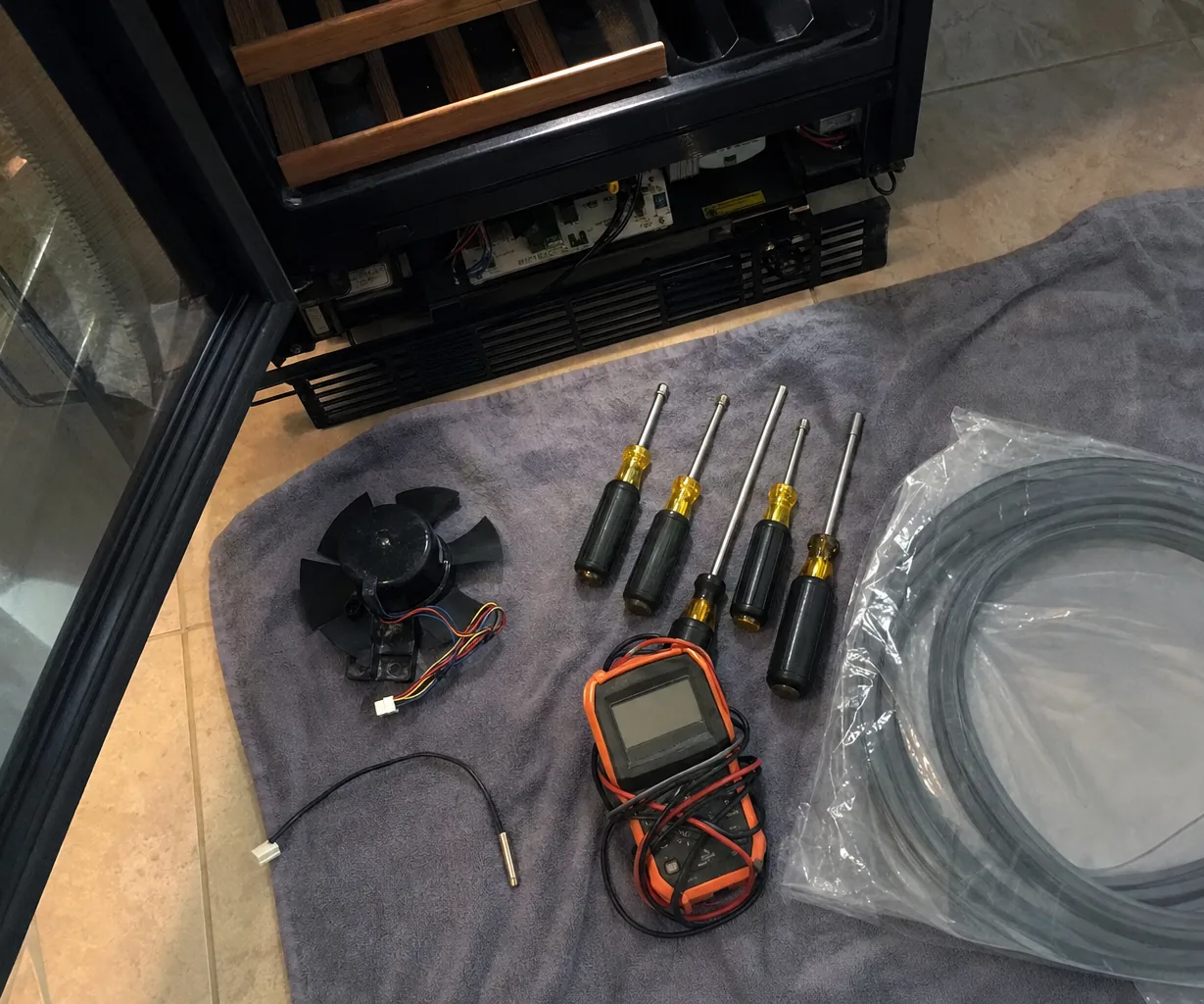 A multimeter, a fan motor and a thermistor probe arranged on a grey towel on a tiled kitchen floor.