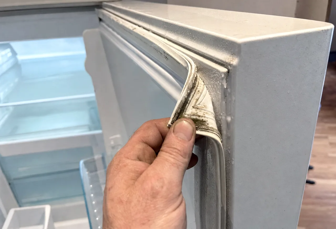 A close frame of a refrigerator door seal being peeled back, water beads catching the light on the frame.
