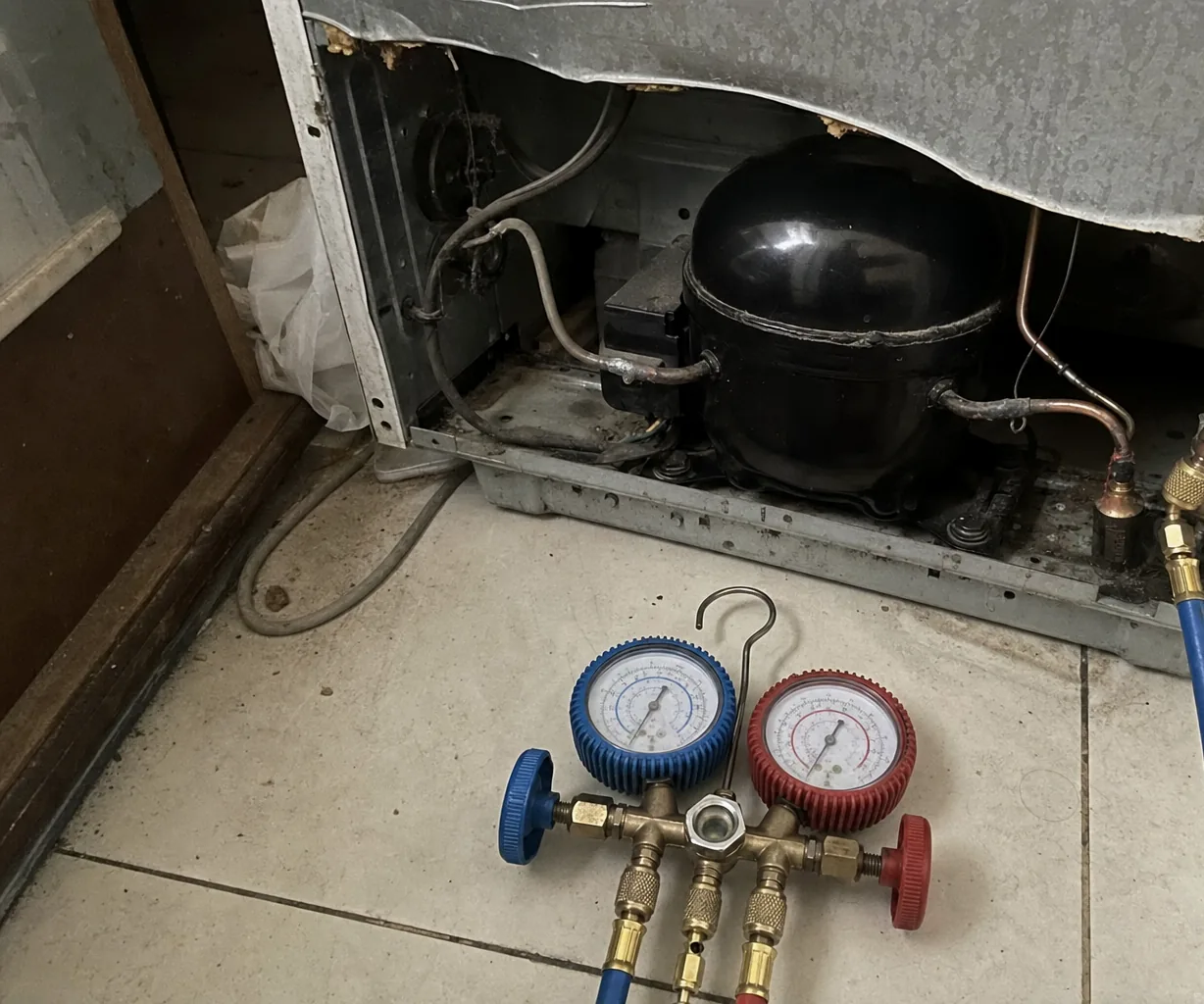 A close view of a manifold gauge dial with its hose fitting screwed onto a service port on copper tubing.