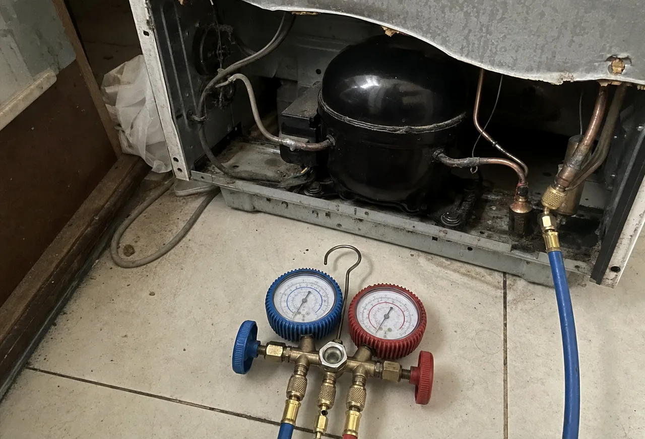 A manifold gauge set standing on the floor beside an open refrigerator machine compartment, hoses coiled loosely.