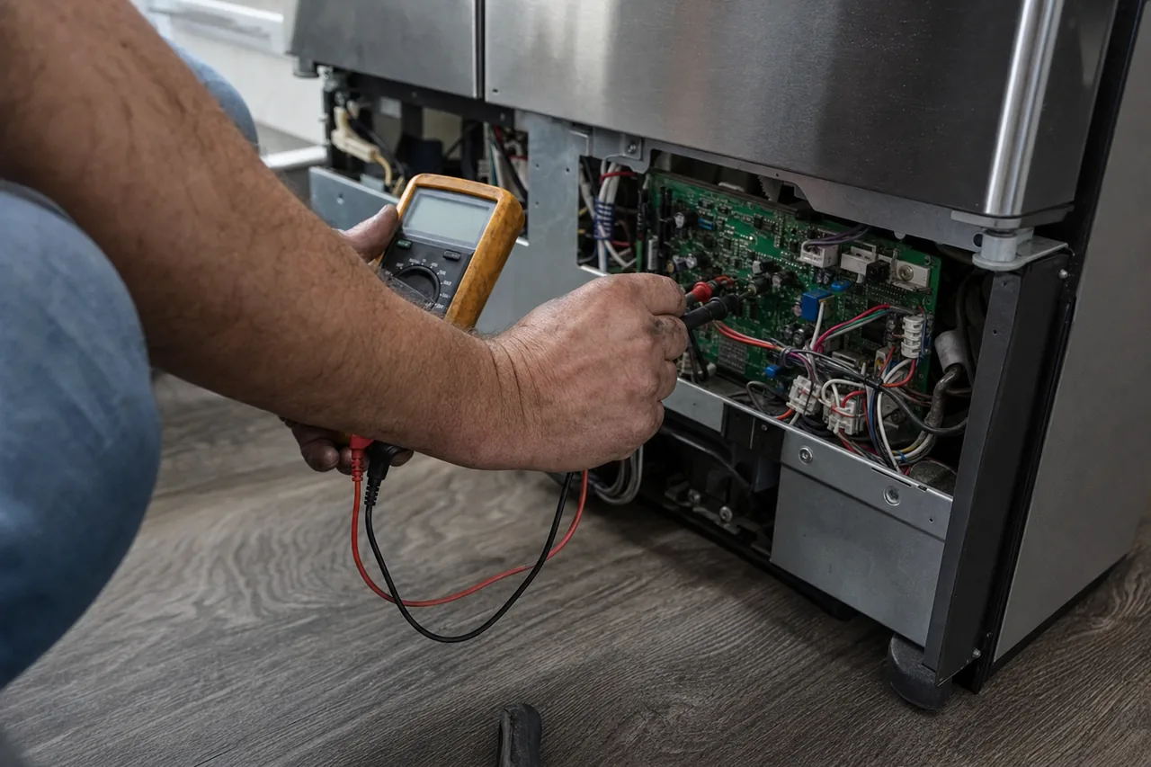 A technician’s hands holding a digital multimeter against the control board behind the removed lower grille of a built-in refrigerator.