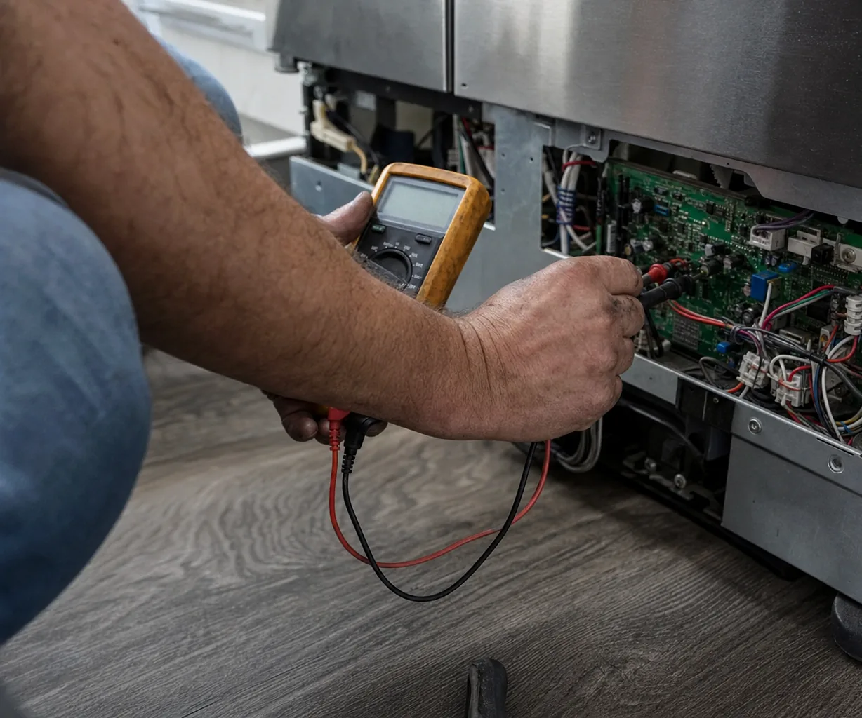 A close view of a refrigerator control board and its connector block with a meter probe held against one terminal.
