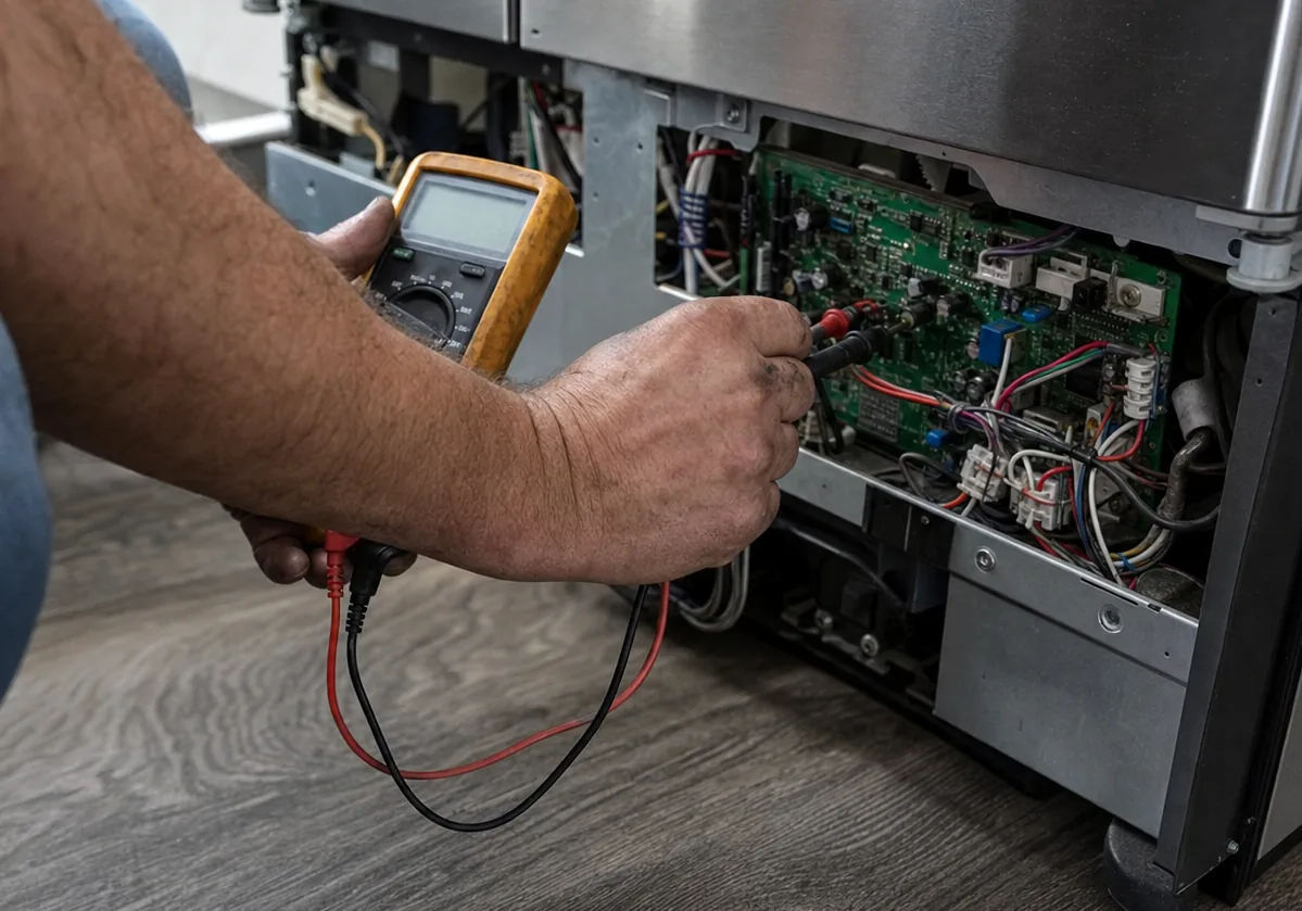 A technician’s working hands, slightly greasy, steadying a meter probe on a board behind an open lower grille.