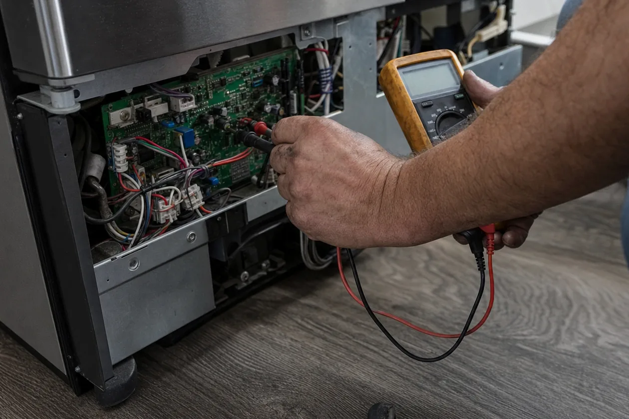 Meter leads across a control board in the base of a built-in refrigerator, the kitchen floor visible behind.
