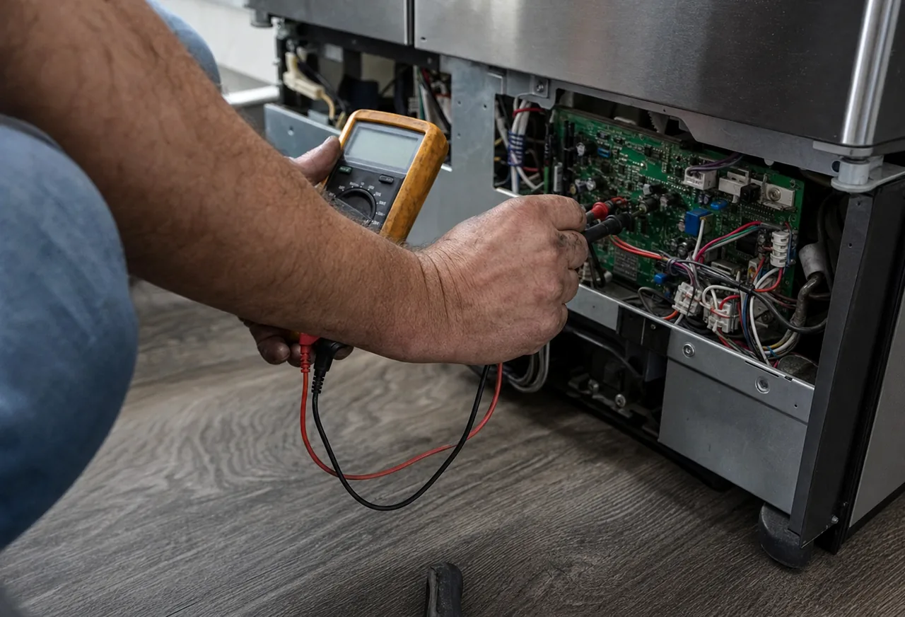 The lower grille of a built-in refrigerator removed, exposing the control board with a probe touched to it.