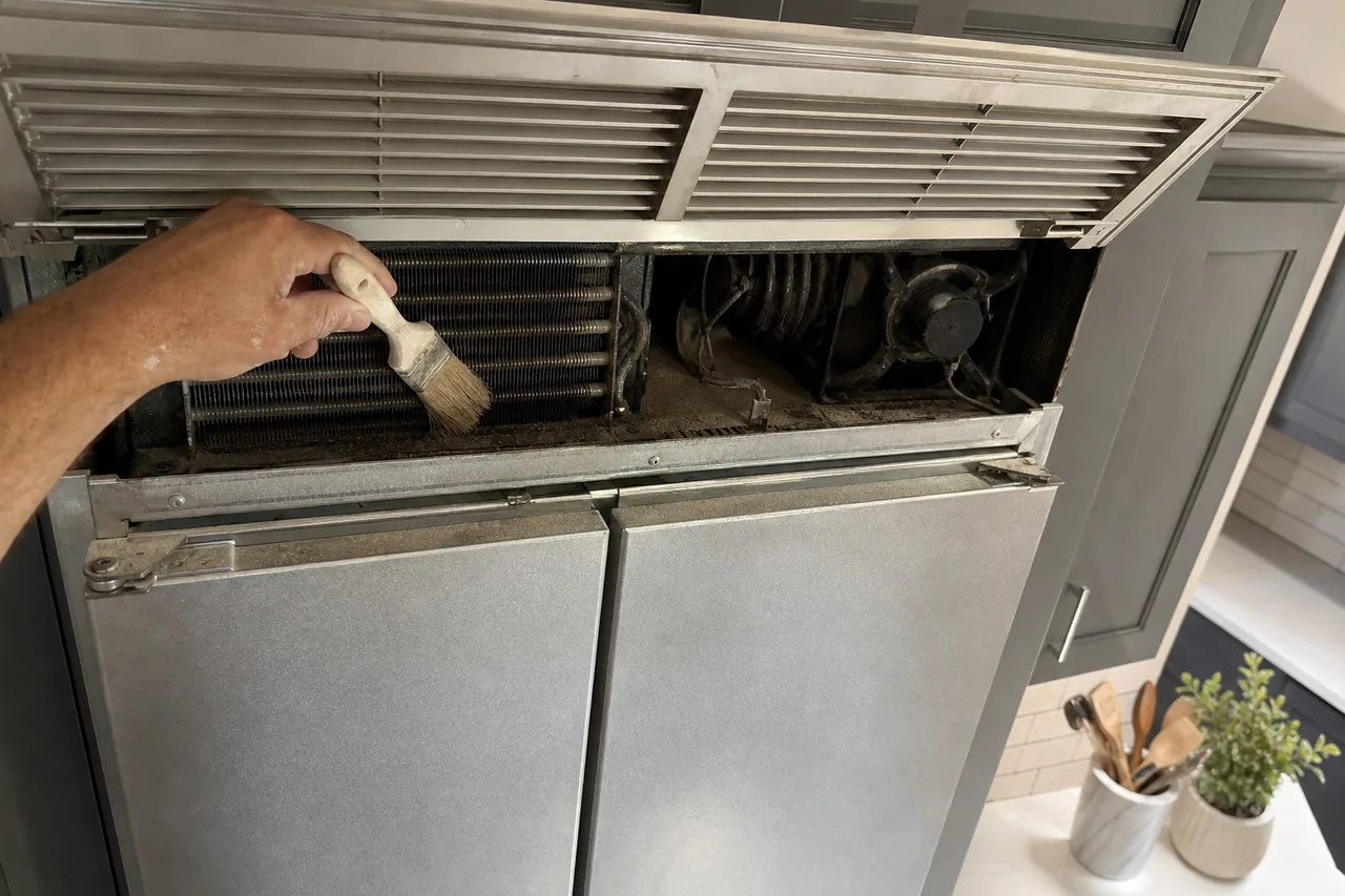 A hand works a wooden paintbrush along a dusty condenser coil under the raised louvered top grille of a stainless built-in, its compressor and fan visible to the right.