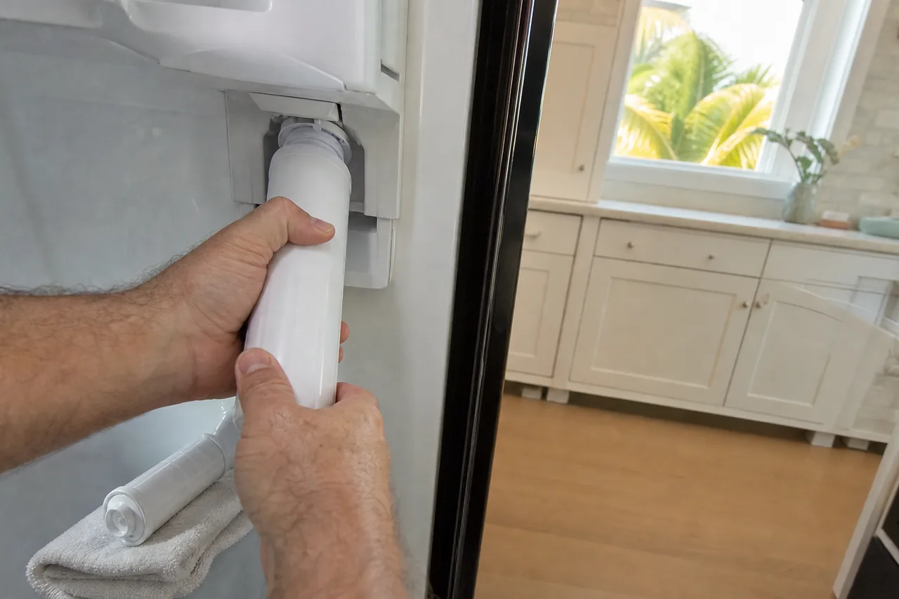 Two hands grip a white cylindrical water filter below its housing inside an open refrigerator, a spare cartridge resting on a folded towel, cream cabinets and a palm-view window behind.